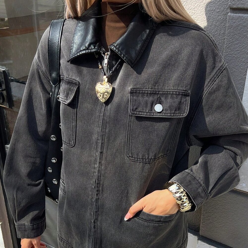 Grey Casual Women's Loose Long Sleeve Lapel Pocket Street Cowboy Jacket - Picture 6 of 8